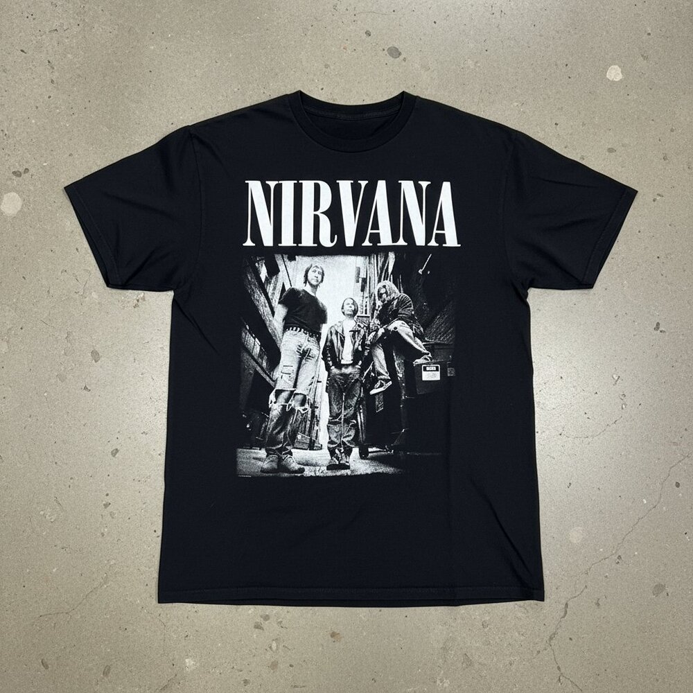 Nirvana Band Group Photo Black & White Alley Graphic Black Band Tee